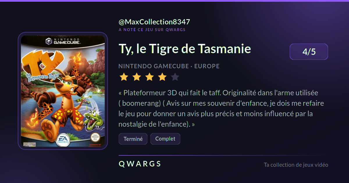 MaxCollection8347 a noté Ty, le Tigre de Tasmanie 4/5