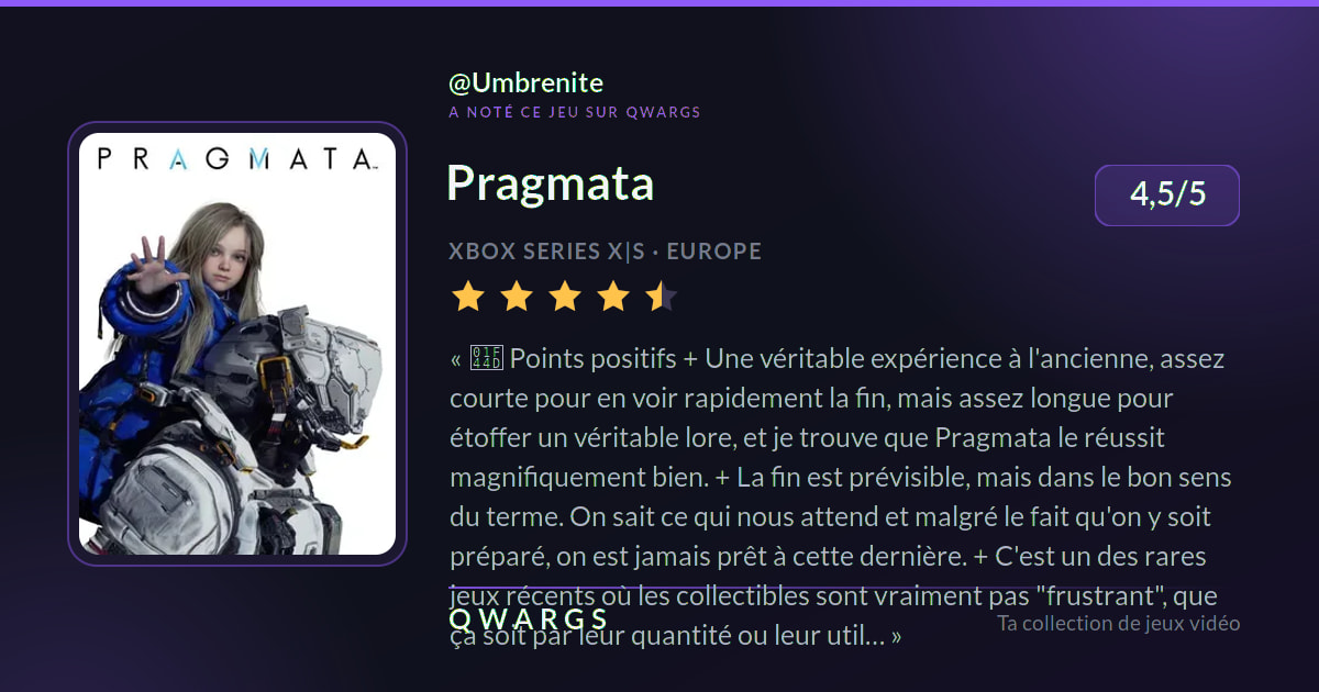 Umbrenite a noté Pragmata 4,5/5